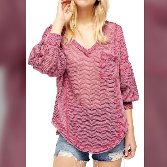 Free People NWT size M Fresh & New Hacci Oversized Knit Top in Mauve Moose Combo - Picture 1 of 7